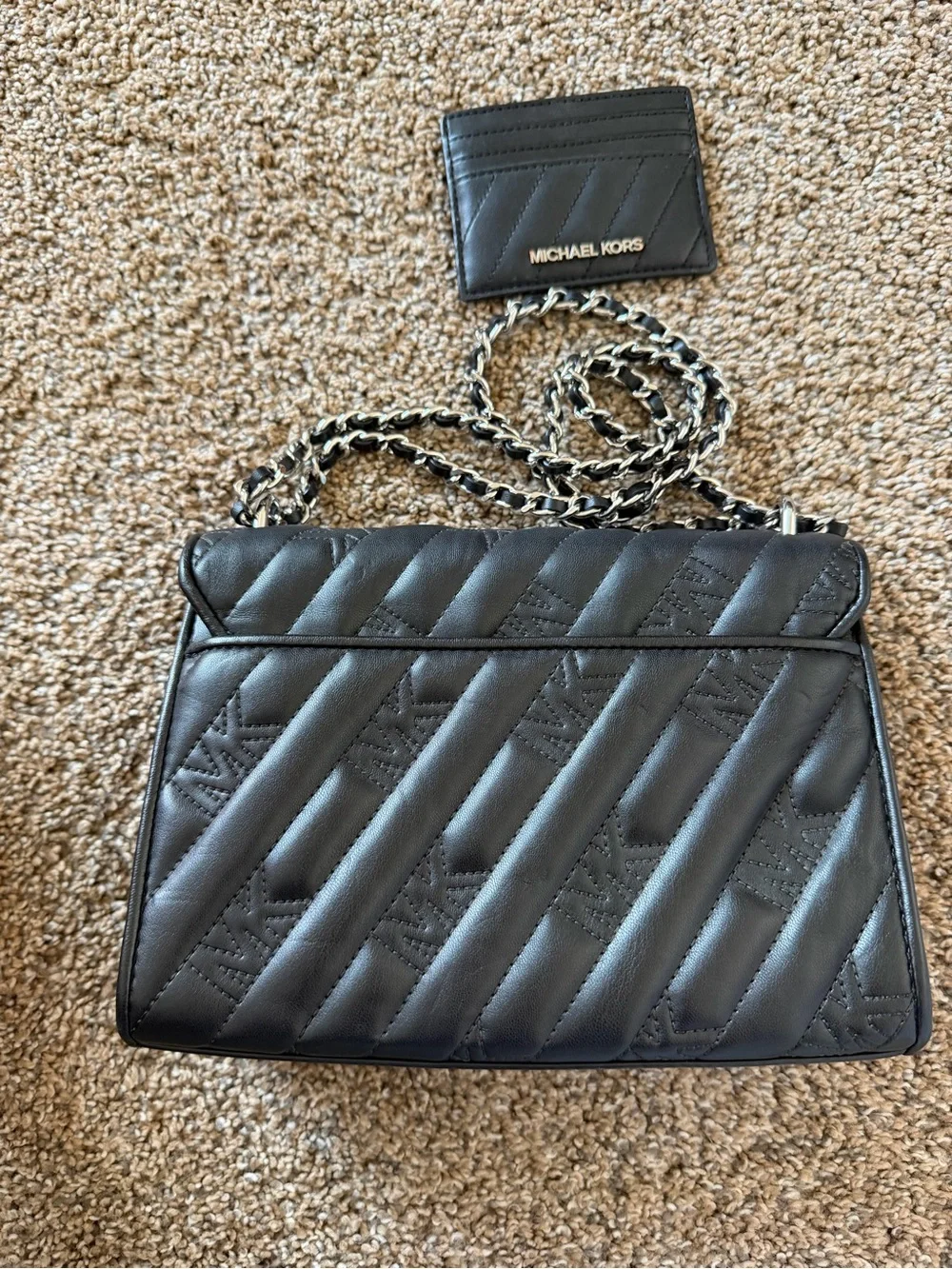 MICHAEL KORS Black Quilted Silver Chain Strap Crossbody Shoulder Bag with Wallet